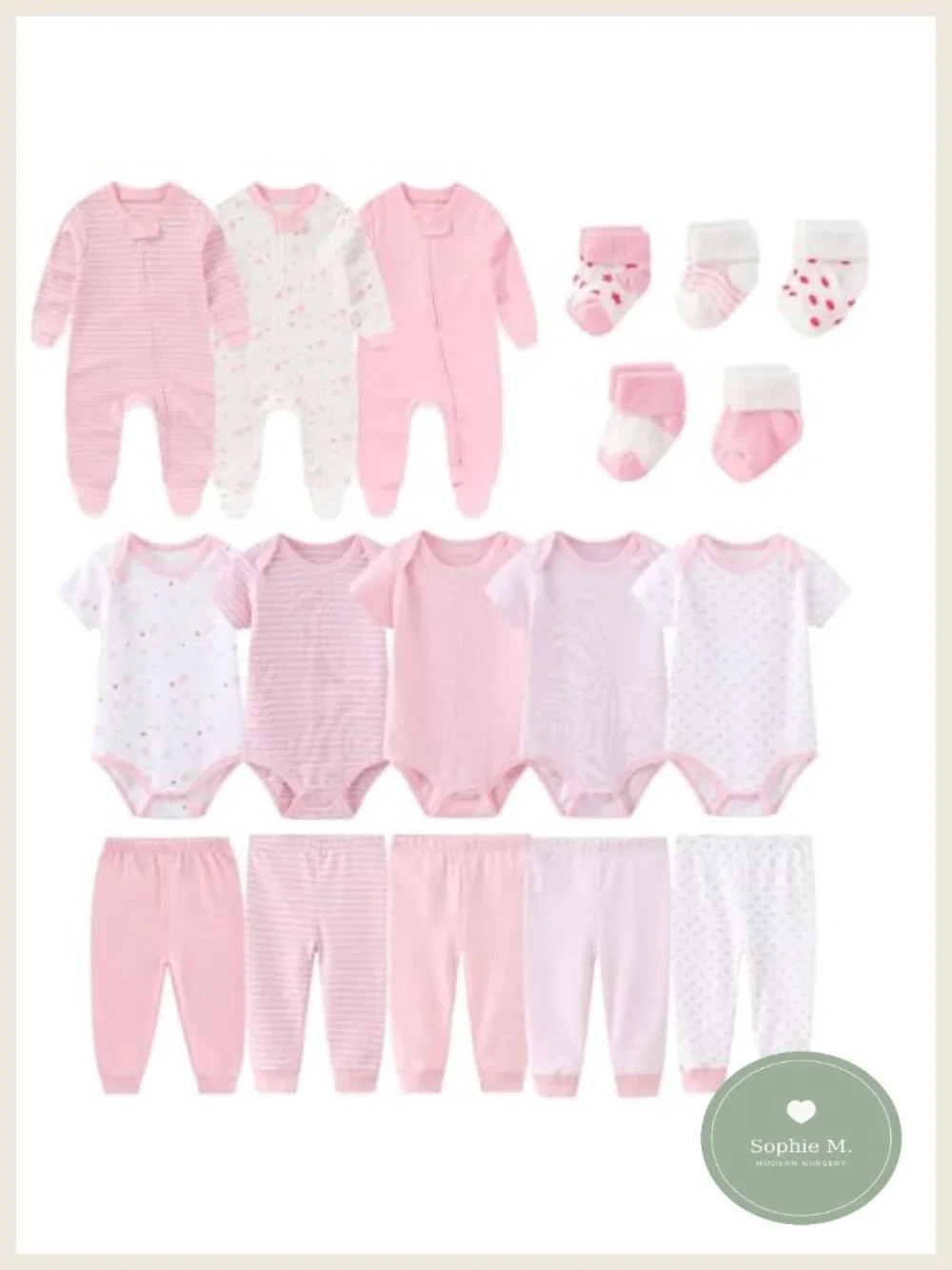 Baby 18-Piece Layette Set 100% Cotton Bodysuits Pants Rompers Socks 0-12M